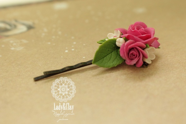 Invisible hairpin Pink bouquet - My, the Rose, Polymer clay, Barrette, Pink, Handmade, Longpost