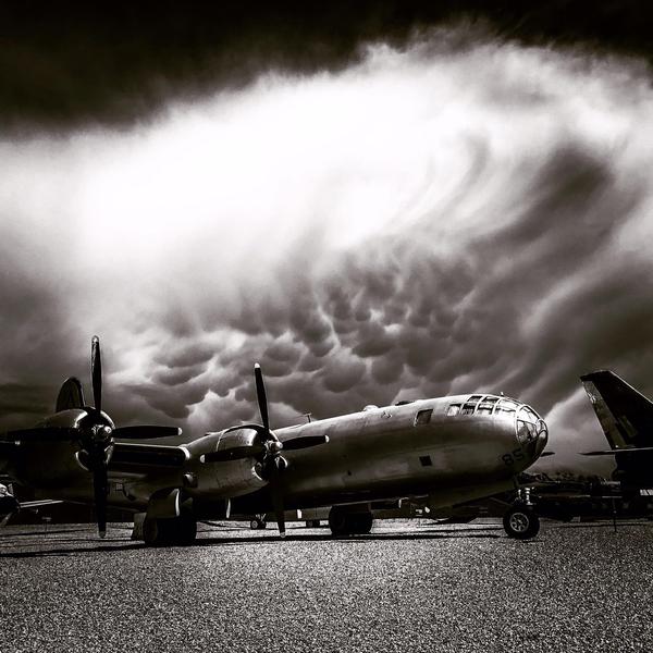 B-29 long-range bomber. - Bomber, Air force, Airplane, Utah, USA, Clouds, Black and white