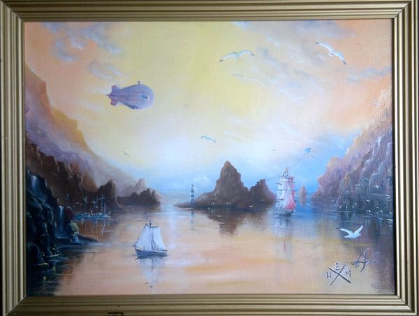 Evening - My, Oil painting, Sea, League of Artists, Self-taught, The mountains, Ship, Airship, Artist
