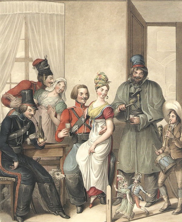 Русские казаки в Париже в 1814 г. Лига историков, Опиц Георг-Эммануэль, Акварель, Париж, Казаки, 1814, Длиннопост