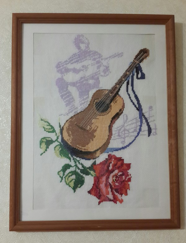 Guitar with a rose (embroidery + diagram) - My, Embroidery, Cross-stitch, Guitar, the Rose, Scheme, With your own hands, Needlework without process, Handmade, Longpost