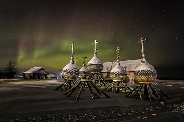 Domes - The photo, Varzuga, Domes, Night, Polar Lights