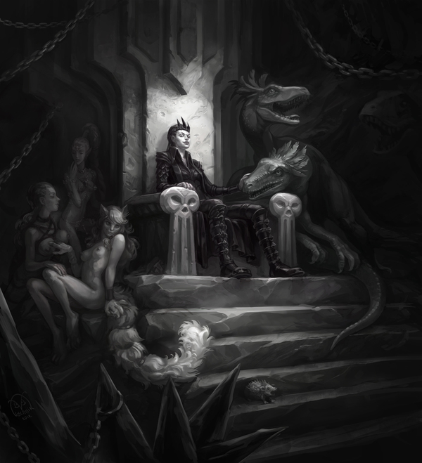 Dark lord on the throne - NSFW, My, Digital drawing, Photoshop, , Illustrations, Art, Dark side, Hedgehog, Concubine