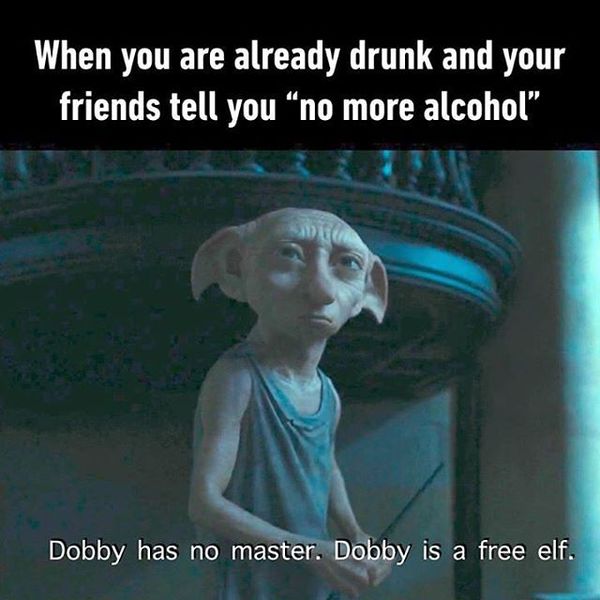 When you're already drunk and your friends tell you to stop drinking - 9GAG, Dobby, Elves, Dobby is free, Combating alcoholism, Harry Potter