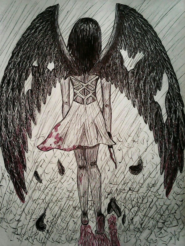 Fallen Angel - My, Images, Pen drawing, Angel, Murder, Blood, Rain, Knife
