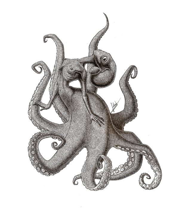 Continuing the theme of mermaids: octopus - NSFW, My, Mermay, Mermaid, Octopus, Graphics, Drawing, Rapidograph