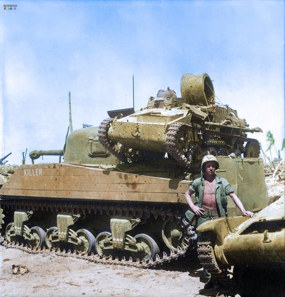 The Sherman tank, nicknamed the Killer, drags prey into the lair. (Japanese tankette) Now in color. - The Second World War, Tanks, Sherman, Recolor