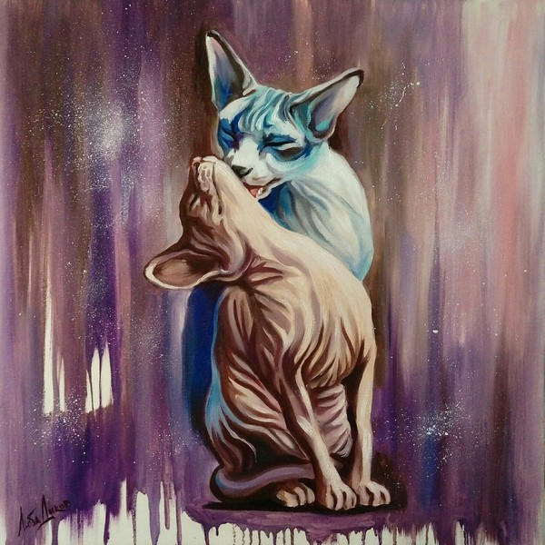 Cats in love oil on canvas. My picture and video of the process) - My, cat, Sphinx, Oil painting, Images, Art, Art, Video