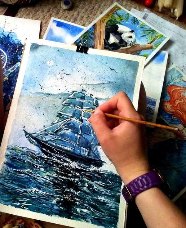 Let there be a sea in the picture) - My, Creation, Art, Drawing, Watercolor, Sea, Ship, Landscape