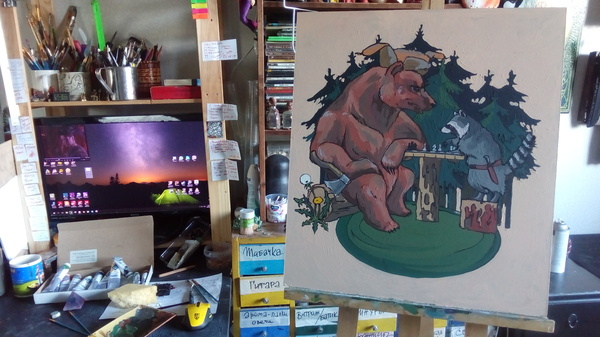 Raccoon and bear - My, Kai Yara, , Chess, Tempera, Painting, Creation