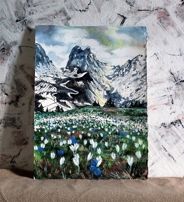 Mountain landscape - My, Painting, Landscape, Watercolor, The mountains, Sky, Art, Flowers, Field