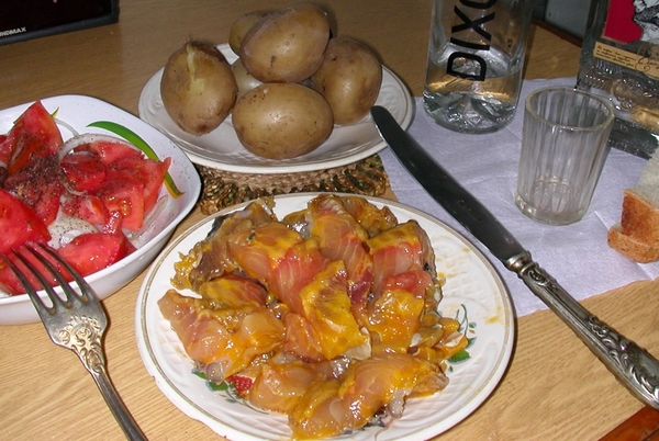 And under the sterlet will you? - My, The photo, Food, Table, Sterlet, Potato, Tomatoes, Vodka, 