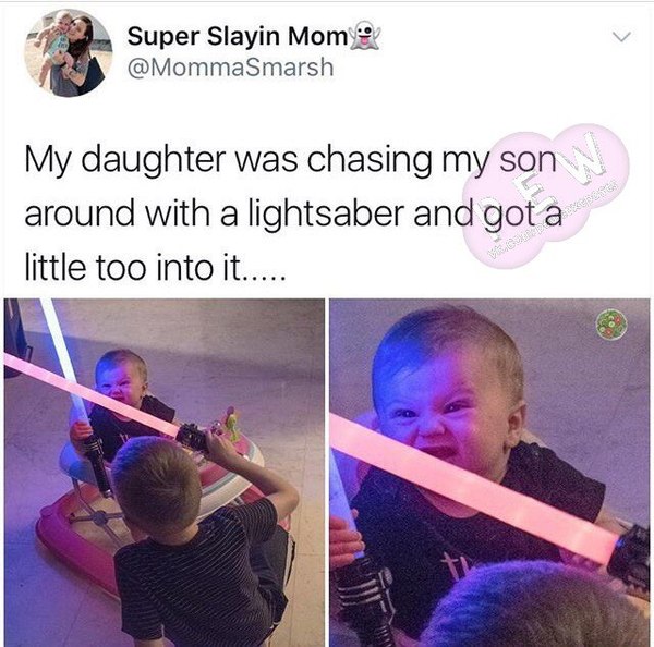 My daughter was chasing my son with her lightsaber and got a little carried away... - Twitter, Children, Star Wars, Battle, Face, In contact with