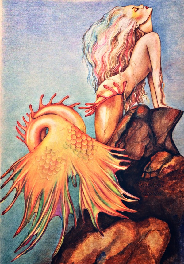 Mermaid - My, Drawing, Colour pencils, Watercolor, Mermaid, Art