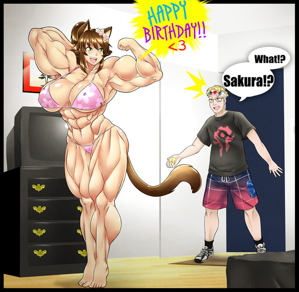 Sakura Birthday surprise - NSFW, Skyraptor, Арт, Крепкая девушка, Сну-Сну, Неко