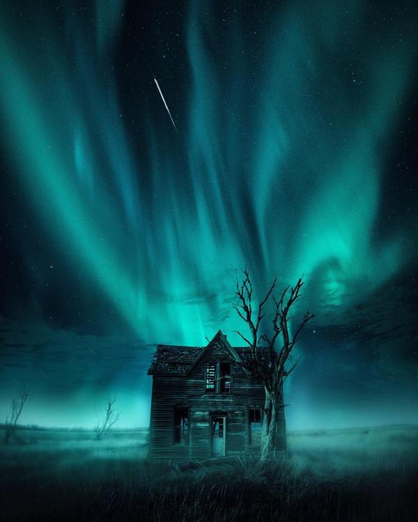 An abandoned house in the light of the northern lights looks like it came out of a Gorillaz video - House, Gorillaz