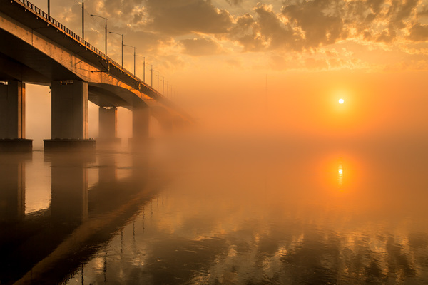 Sunrise in Irkutsk - The photo, Town, Bridge, dawn, River, Fog