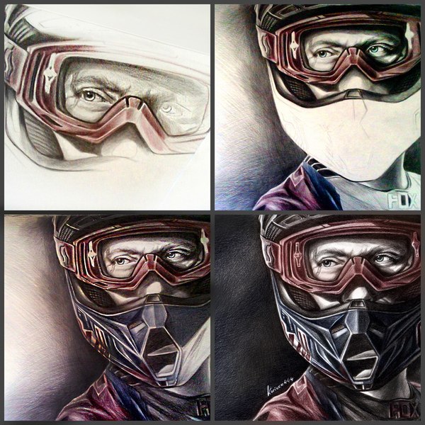 Portrait of Alexey Kolesnikov (Professional freestyle motocross rider FMX13) in progress. - My, Motocross, Motorcyclist, Moto, Artist, Portrait, Colour pencils, Helmet, Fmx, Motorcyclists