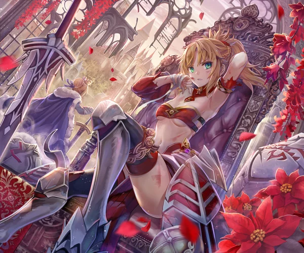 Mordred - NSFW, Anime art, Anime, Girls, Drawing, Pixiv, Type-Moon, Fate, Fate-stay night, Fate apocrypha, Saber, Artoria pendragon, Mordred, Throne, Excalibur, Shield, Knee pads, Blonde, Green eyes, Torino akua