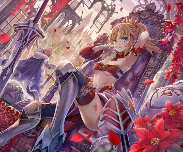 Мордред - NSFW, Anime Art, Аниме, Девушки, Рисунок, Pixiv, Type-Moon, Fate, Fate-Stay Night, Fate Apocrypha, Saber, Artoria Pendragon, Mordred, Трон, Экскалибур, Щит, Наколенники, Блондинка, Зеленые глаза, Torino akua