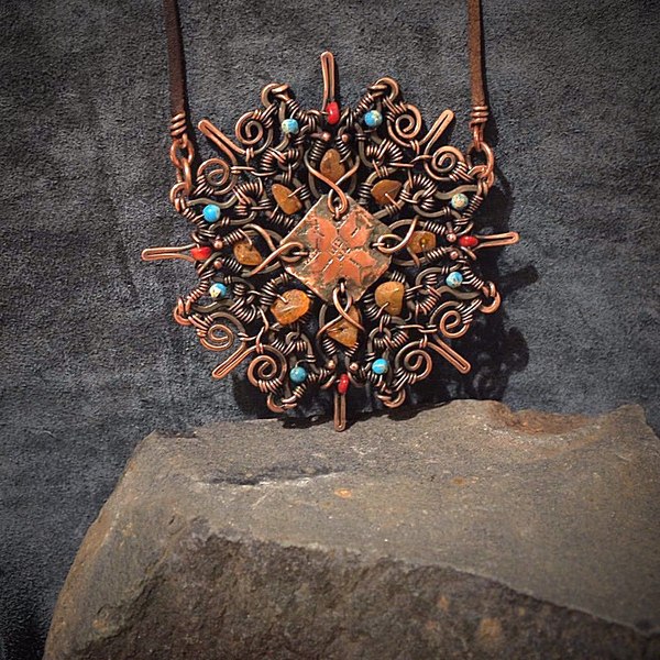 Pendant Wind rose (copper, amber, turkvenite, coral) - My, Wire wrap, Handmade, Handmade, , Vintage, Suspension, With your own hands, Amber