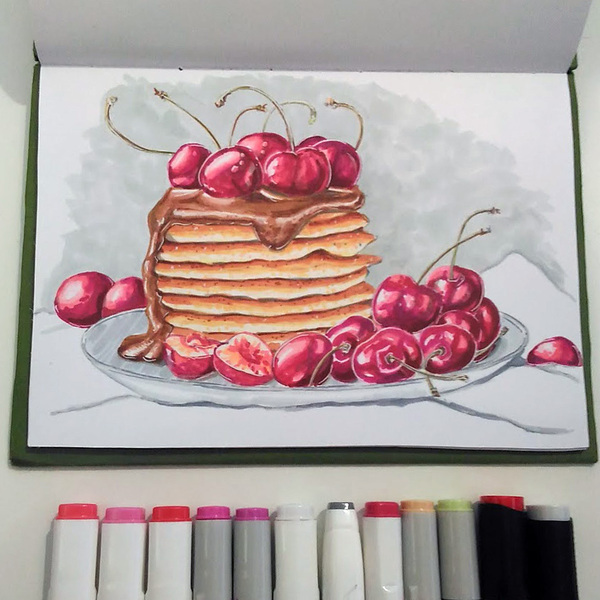 Drawing with markers (pancakes with cherries) - My, Pancakes, Cherry, Drawing, Marker, Alcohol markers