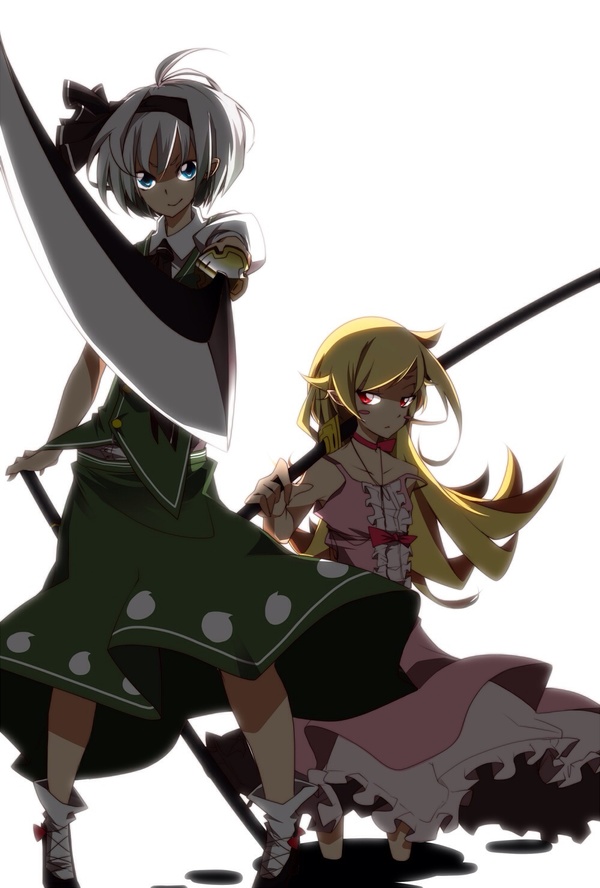 Two beauties and three blades - Anime, Anime art, Monogatari series, Shinobu oshino, Touhou, Konpaku Youmu, Mahou Shoujo Madoka Magica, Crossover