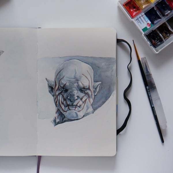 Azog the defiler. Watercolor. - My, Watercolor, Azog, Azog the Defiler, Sketch, Sketchbook, Art, Longpost