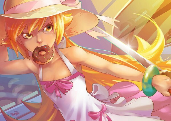 Dropping a donut is like dropping honor... - Anime art, Monogatari series, Shinobu oshino