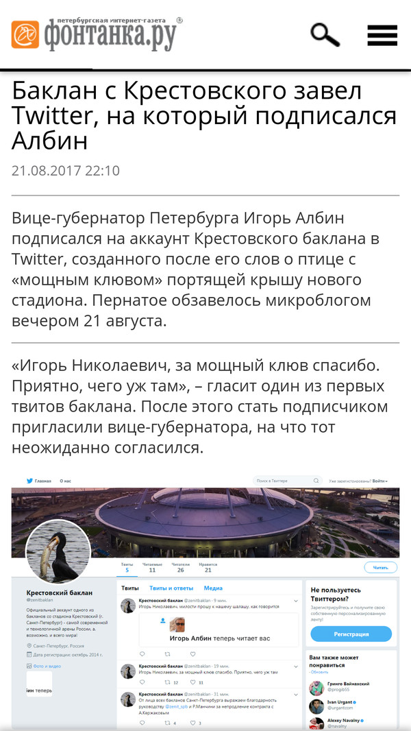 Krestovsky cormorant. - Zenith Stadium, Fontanka, Cormorants, Humor, Gazprom arena