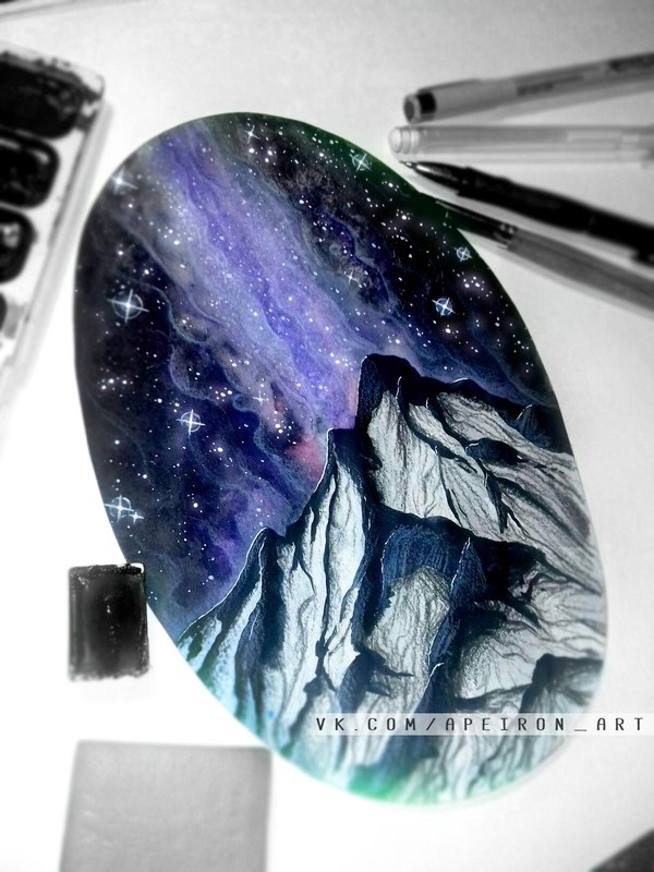 Mountain range. - My, My, The mountains, Drawing, Watercolor, Watercolor pencils, Starry sky, Art, Traditional art