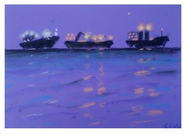 Night seiners. Seascape. - My, Pastel, Landscape, Night shooting, , Sea, Seiner, Black Sea, Artist