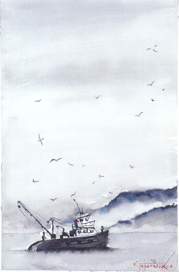 Fishing boat - My, Watercolor, Painting, Fishermen, Vessel, Sky, Painting, Sea, Art
