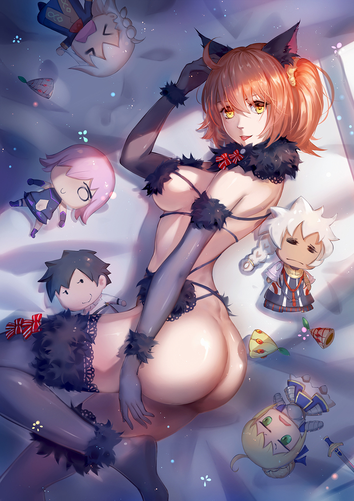 Ohayou - NSFW, Anime art, Anime, Fate grand order, Fujimaru Ritsuka, Booty, Animal ears, Stockings