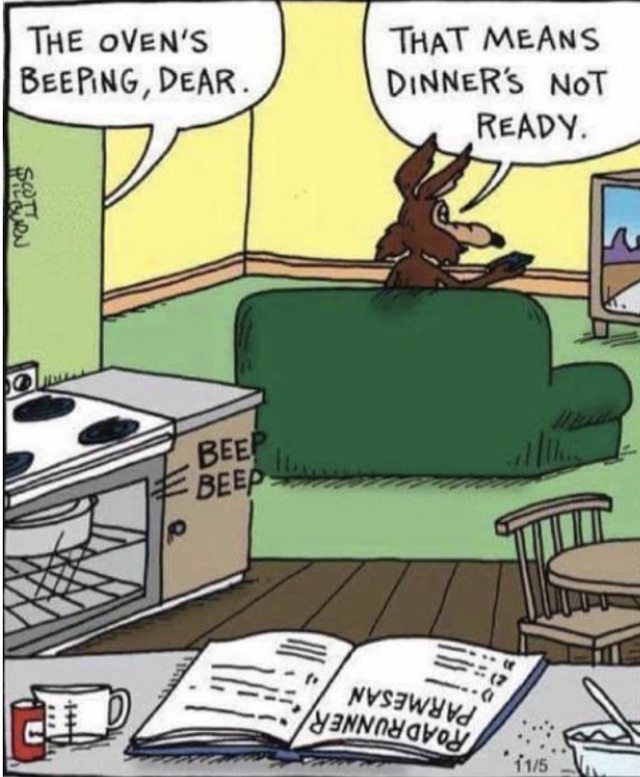 Honey, the oven is beeping - Cunning Coyote and Road Runner, Wordplay, Goblin translation, , English language, Comics