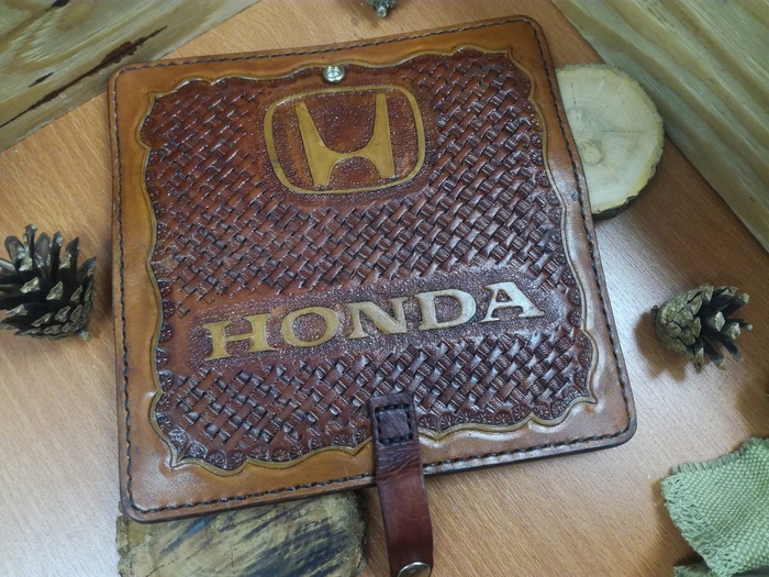 Purse with Honda logo - My, Leather, Handmade, Handmade, Longpost, Wallet, Needlework, Leather products, Leather