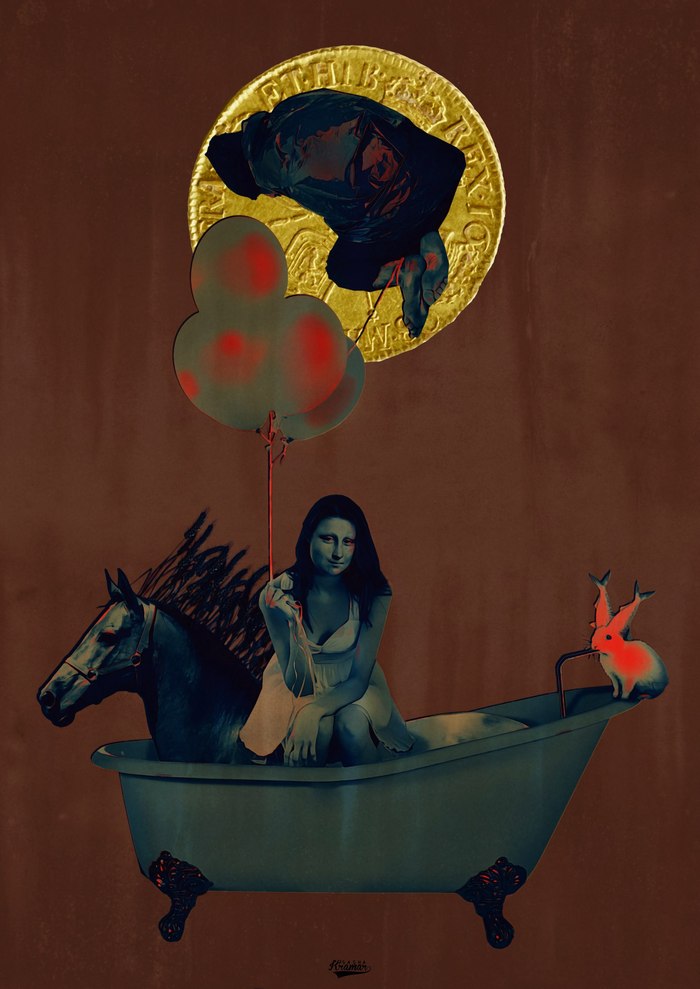 Mona Lisa on a horse, a bum and a rabbit - Surrealism, Mona lisa, La gioconda, Leonardo da Vinci, Horses, Rabbit, Art