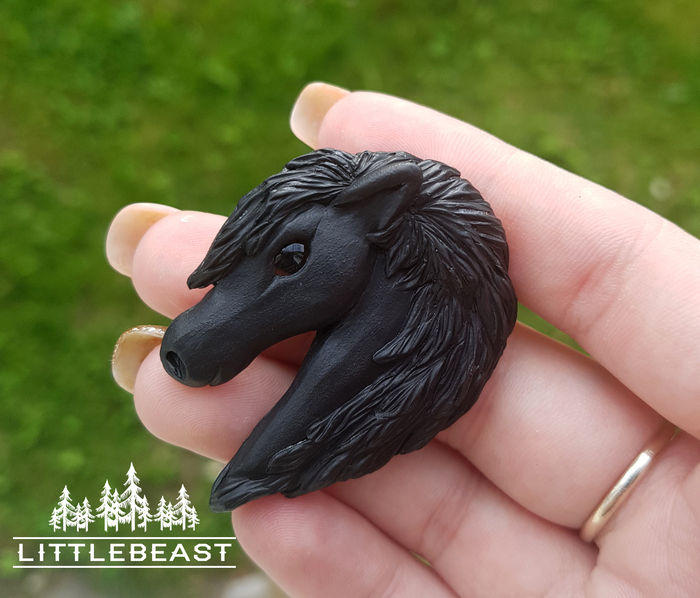 Brooch Black horse made of polymer clay - My, Polymer clay, Brooch, Needlework without process, With your own hands