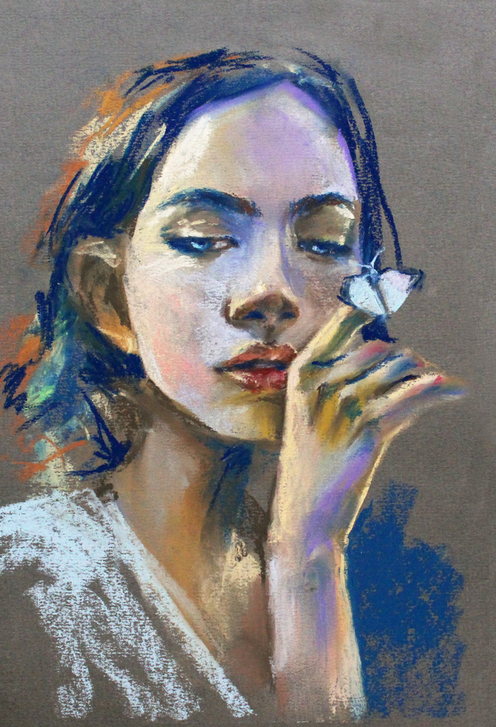 Returning to portraits (I need your help!))) - My, Drawing, Girls, Artist, Pastel, Butterfly, Portrait