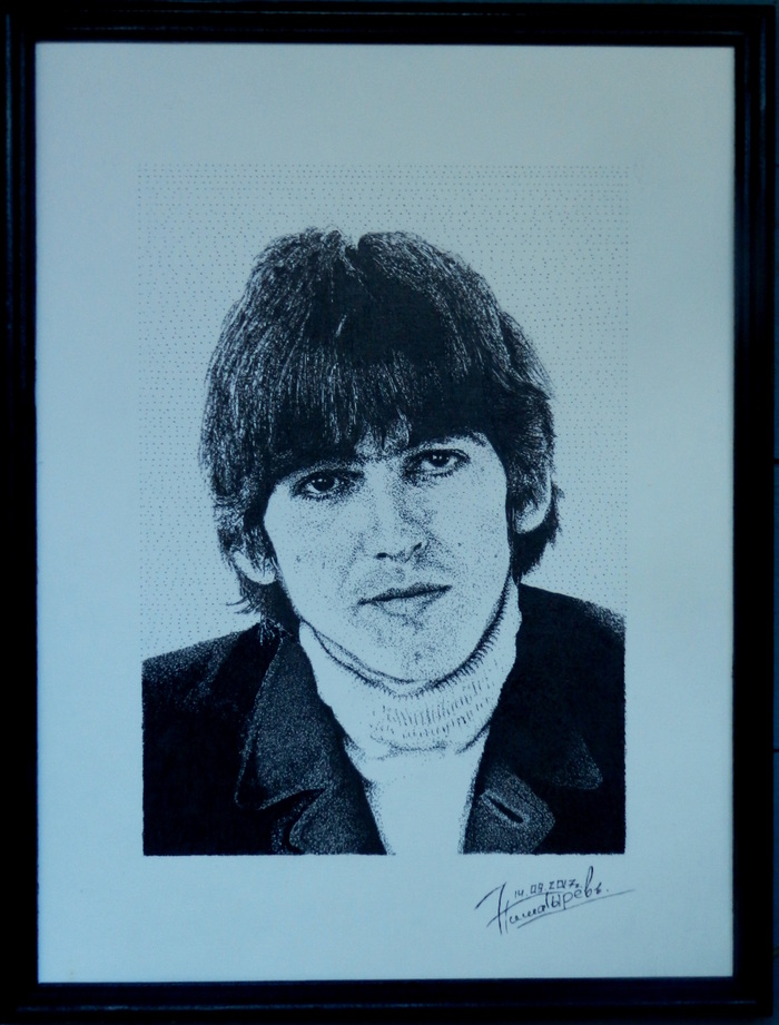 George Harrison. A3. Gel pen. - My, George Harrison, The beatles, Gel pen, Portrait, Black and white, Drawing, Dot, Dotwork