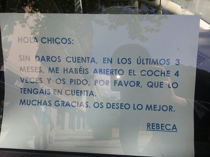 I was walking home and saw this ad on the front window of the car))) - Spain, My, Car thieves, Humor, Announcement, Madrid