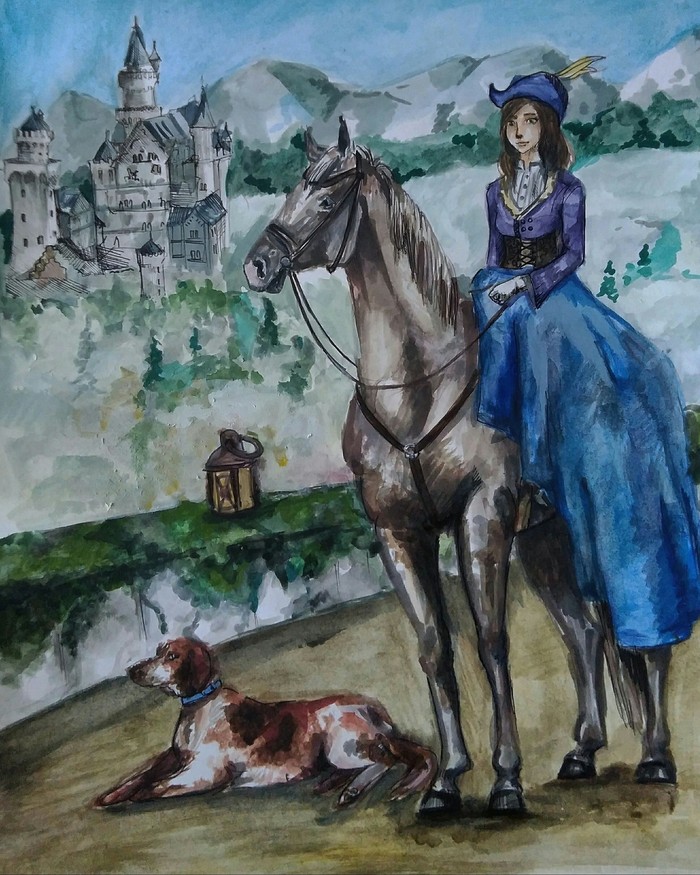 Ladies and horses - My, Drawing, Girls, Horses, Watercolor, Marker, Longpost