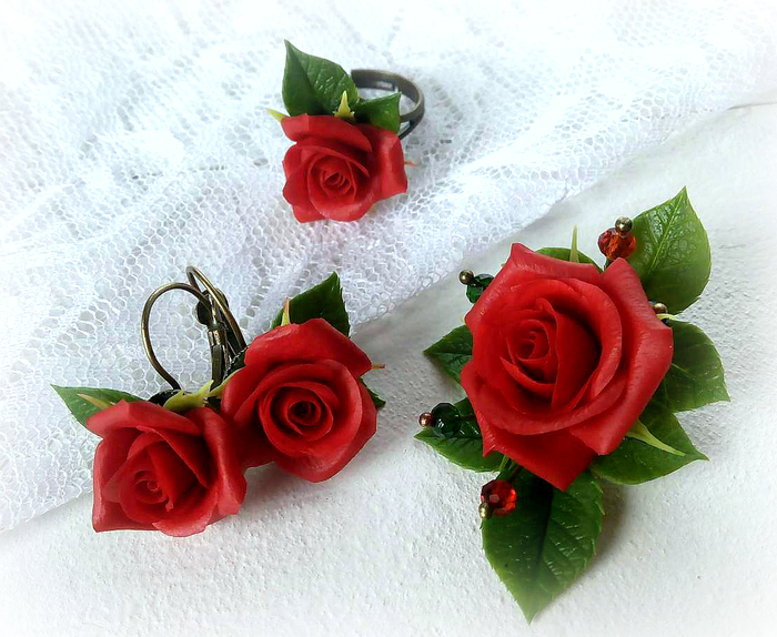 Jewelry set with red roses - My, Polymer clay, Needlework without process, Decoration, Flowers, Cold porcelain, Longpost