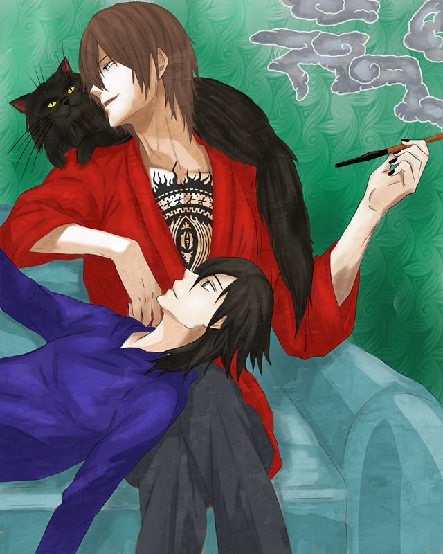 Art for the book Crow's Apprentice - My, Anime, The Crow's Apprentice, Kurata Gu, , cat, Eyes, Brown hair, Guys