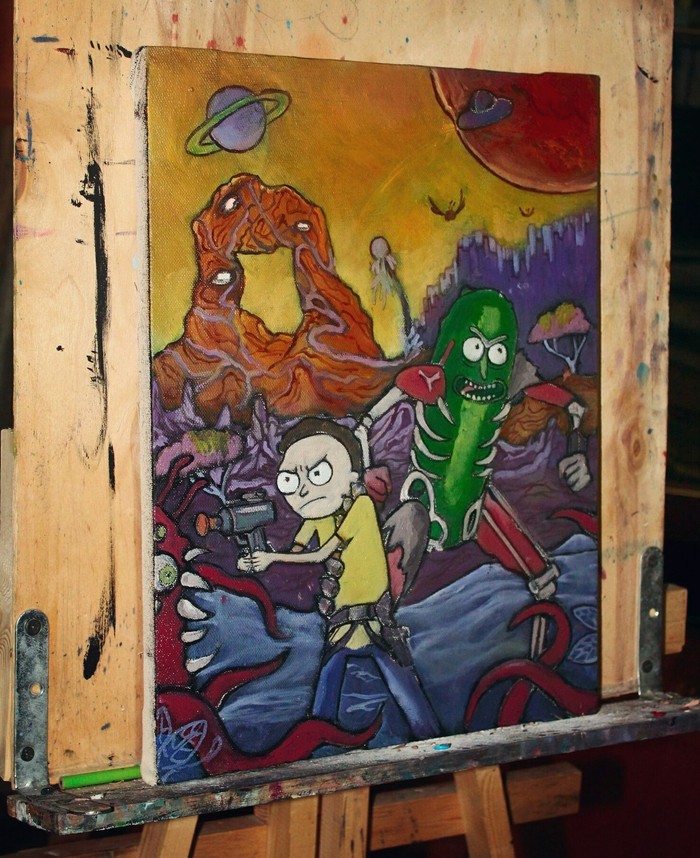 Rick the pickle! - My, Rick and Morty, Painting, Rick gherkin, Canvas, Creation