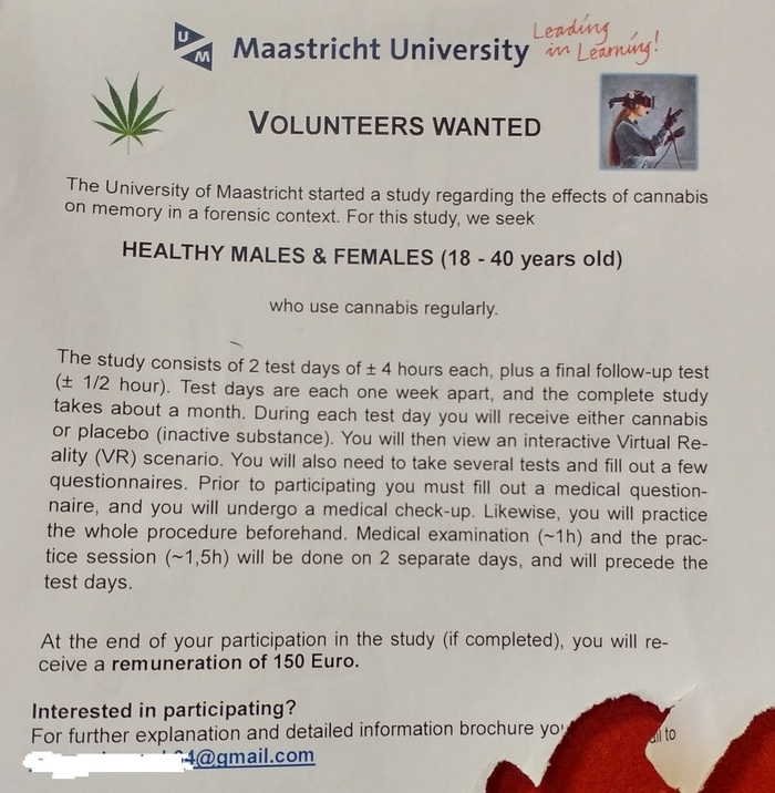 A typical announcement at a university in the Netherlands - My, Netherlands, Holland, Marijuana, Announcement, Research, The science, Memory, English language, Netherlands (Holland)