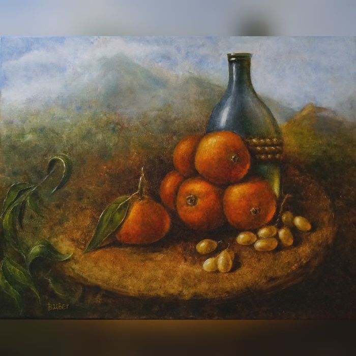 Tangerines and an old green bottle. - My, Painting, Butter, Painting, Oil painting, Longpost