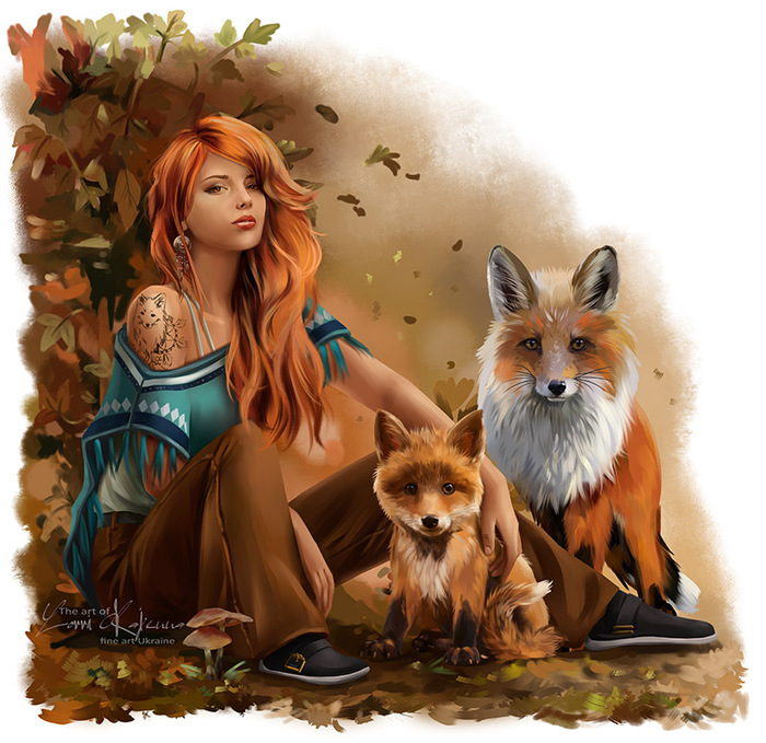 Friends - Art, Drawing, Fox, Girls, Kajenna