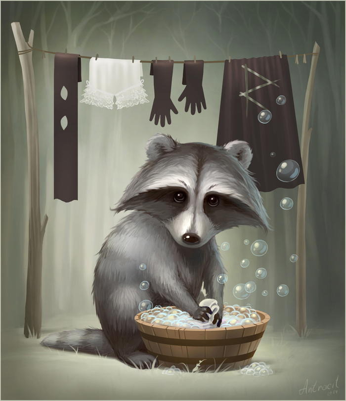 Raccoon - My, Digital drawing, Raccoon, Washing, Costume, Bubble