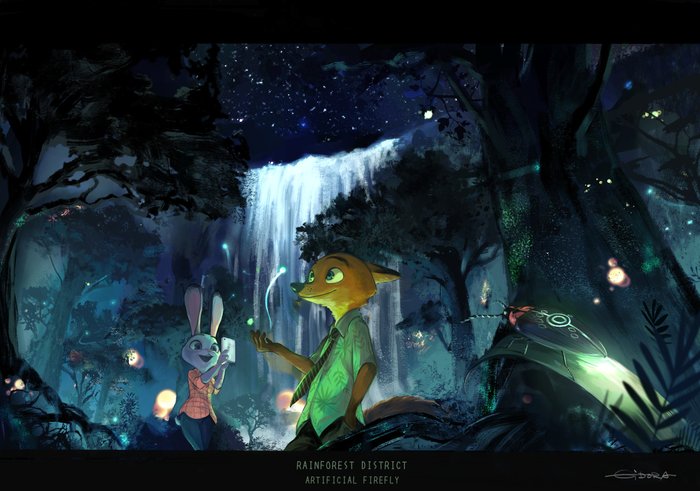 Fireflies in the night forest - Art, Zootopia, Gidora, Night, Forest, Nick and Judy